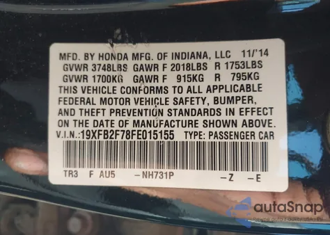 2015 Honda Civic Se from USA, damaged, VIN 19XFB2F78FE015155